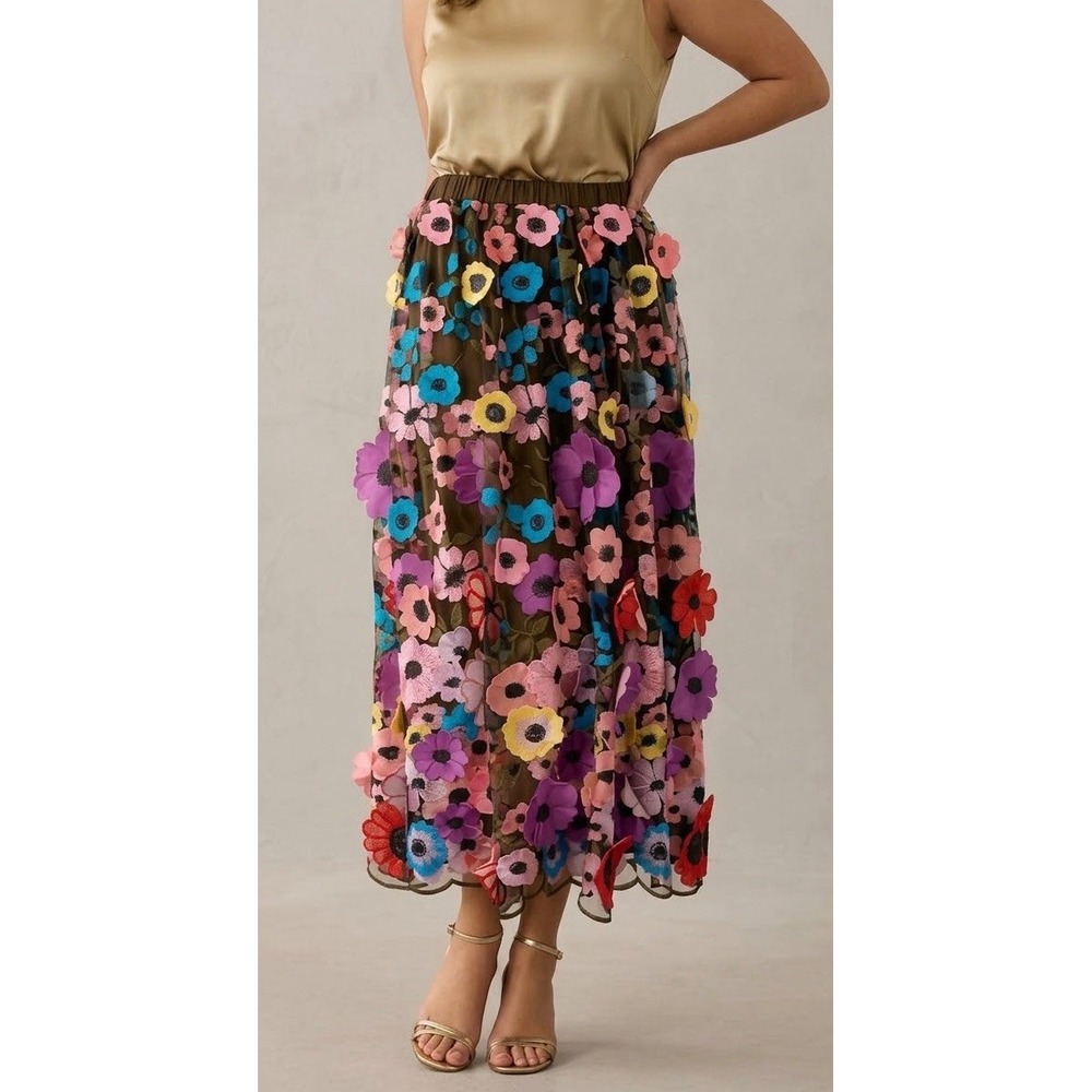 Anthropologie Maeve Floral Appliqué Midi Skirt Size 1X Pull On Boho Cottagecore